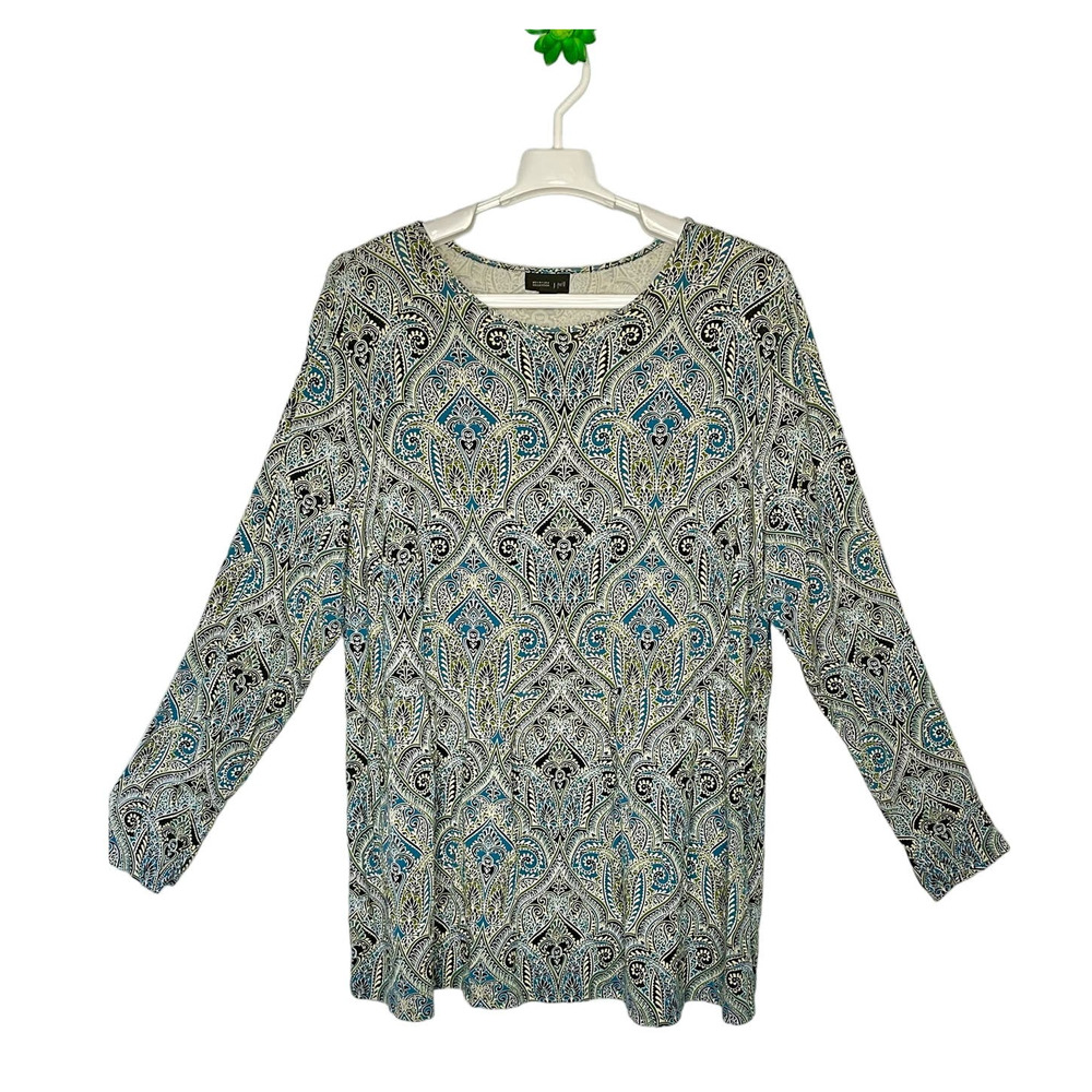 J Jill Wearever Collection Blue Black Paisely Jersey Long Sleeve Top Size 2X